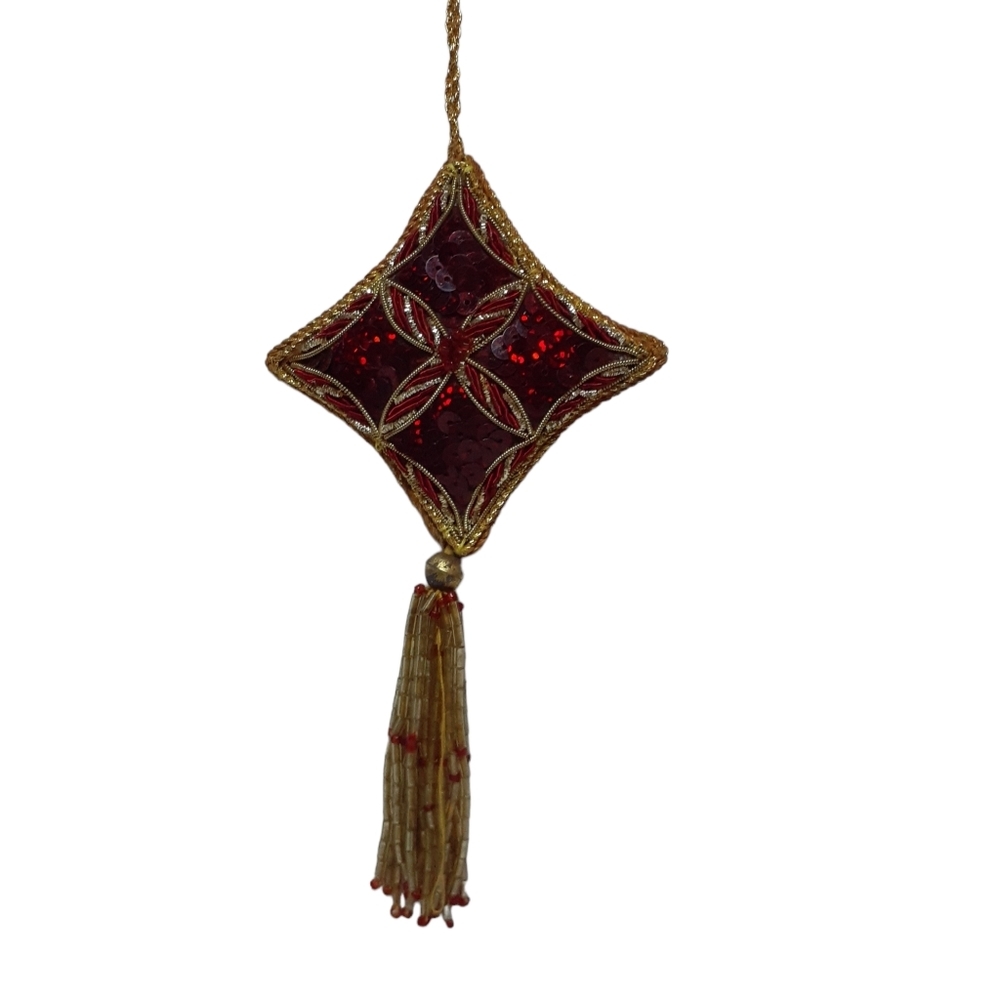 Trails to Bridges Christmas Ornament Red Beaded Sequins Gold Corded - Picture 5 of 5